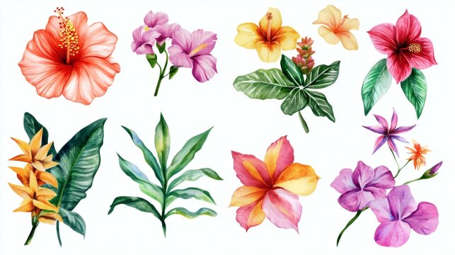Watercolor set of colorful tropical hibiscus flowers and leaves isolated on white, hand-painted floral elements for design, invitations, stickers, summer themes.