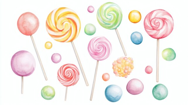 Watercolor illustration of colorful lollipops and candy swirls on sticks with scattered pastel gumdrops, isolated on white background, playful sweet dessert concept.