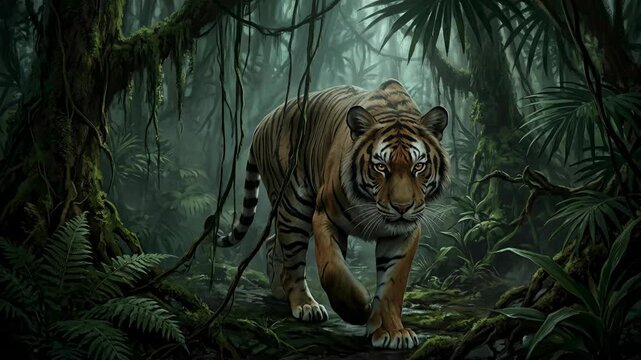 Majestic tiger prowling through dense jungle foliage at night, animation-style wildlife scene with immersive viewpoint in lush natural rainforest environment
