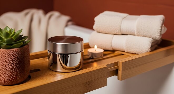 Spa Bathroom Decor: Serene Scene with Candle, Towels, and Skincare Product
