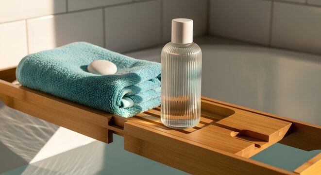 Spa Bathroom Still Life: Towel, Soap, and Bath Product on Wooden Tray