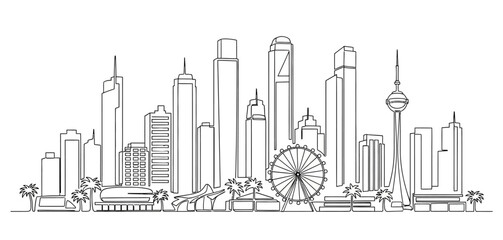 Fototapeta premium Modern city skyline continuous line drawing with ferris wheel and skyscrapers showing minimal urban architecture