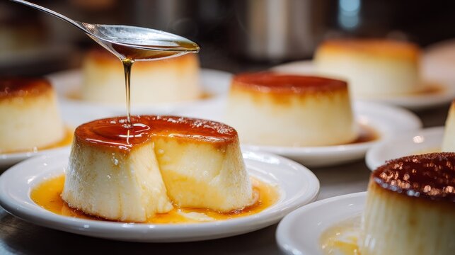 Close-up of creamy caramel pudding being drizzled with sauce on a white plate