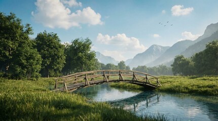 Fototapeta premium Picturesque wooden bridge arching gracefully over a serene river, surrounded by lush green meadows and majestic mountains under a clear blue sky