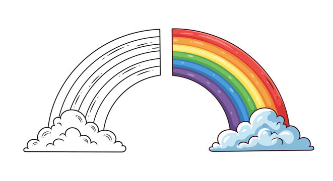 Half Colored Rainbow Arch with Clouds, Half Outline for Coloring