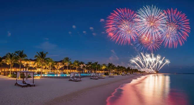 Fireworks display over a tropical beach at night time