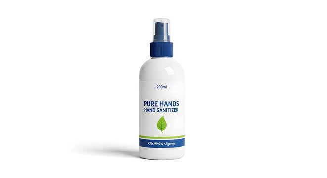 White bottle with blue cap and green label of pure hands hand sanitizer on white background 1