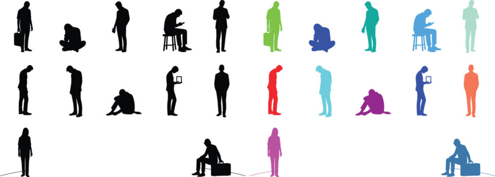 Vector icon set of sad, depressed, and stressed people silhouettes. Figures showing despair, failure, and burnout. Concept for mental health crisis, unemployment and loneliness