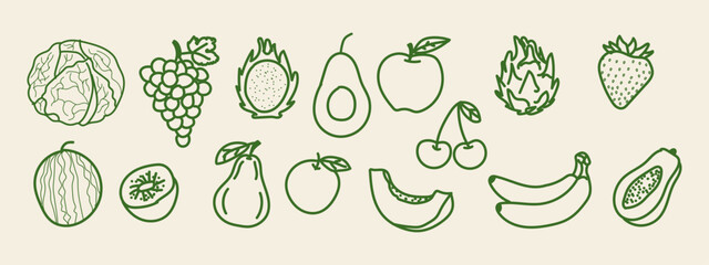 Fototapeta premium Set of hand drawn fruits and vegetables, doodle style food illustrations, healthy organic produce, vegan diet elements, vector collection