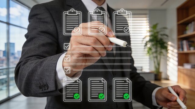 Businessman using a digital pen to check items on a virtual checklist holographic interface with approved documents and forms corporate auditing compliance verification modern