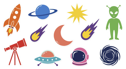 Collection of Space Themed Illustrations and Icons for Cosmic Adventures. © Tomo