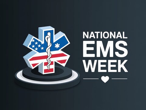 National EMS Week US Flag Star of Life Symbol on Podium with Caduceus Heart Appreciation Theme