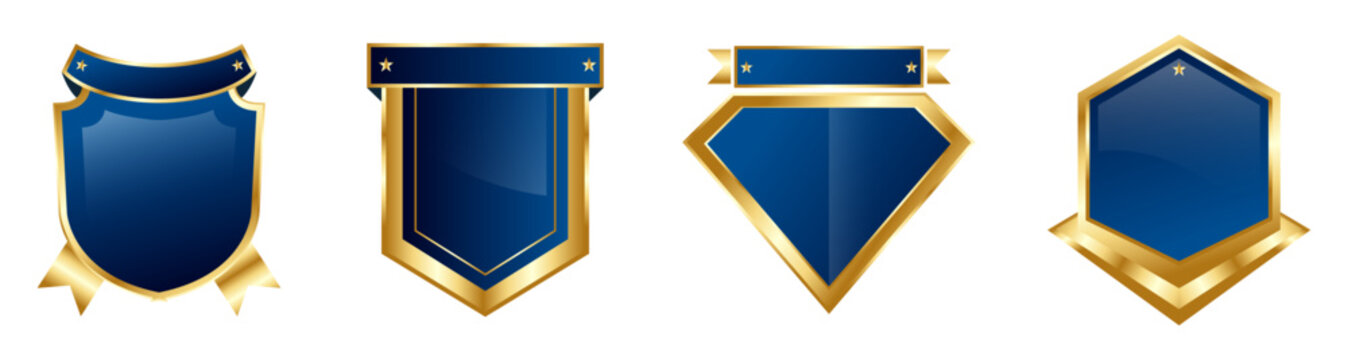 Blue gold label badges design set. Golden retro frame with blue. empty vintage frame. Simple golden luxury vintage design. Blank mockup of retro gold frame. isolated vector illustration