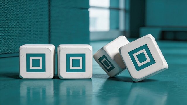 Four white dice with teal square patterns arranged on a reflective teal surface symbolizing balance strategy and decisionmaking in business and finance