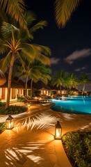 Fototapeta premium Tropical resort pool at nighttime ambiance.