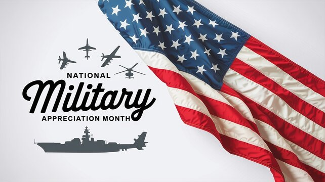 National Military Appreciation Month Honor US Armed Forces Draped Flag with Plane and Ship Silhouettes