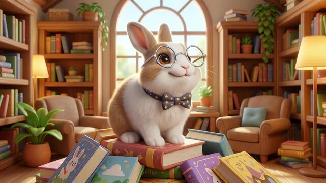 Animated rabbit wearing glasses reading books in cozy home library with plants and warm lighting, interior view, animation concept of learning and comfort