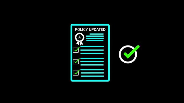 Business professional holding tablet with policy updated notification, Corporate compliance, new rules implementation, governance management, regulatory change, and digital documentation process.