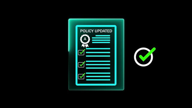 Business professional holding tablet with policy updated notification, Corporate compliance, new rules implementation, governance management, regulatory change, and digital documentation process.