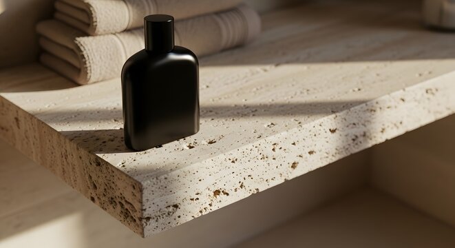 Minimalist Bathroom with Black Bottle and Beige Towels