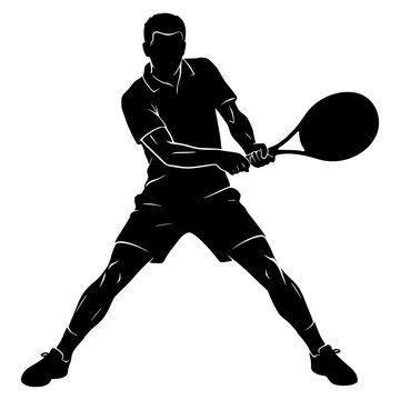 Solid black silhouette of a male tennis player performing a powerful two-handed backhand stroke. Clean vector illustration of an athlete in a wide dynamic stance, captured during a competitive sports 