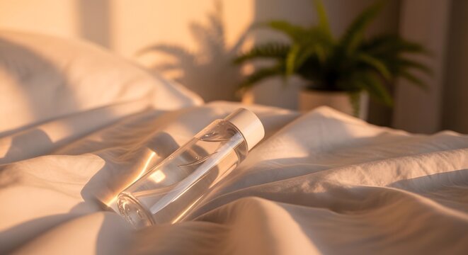Minimalist Skincare Product on Soft Bedding with Warm Sunlight