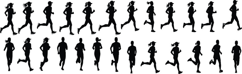 Fototapeta premium Side View Running Silhouettes Vector Pack, Male and Female Jogger Motion Sequence Collection Isolated