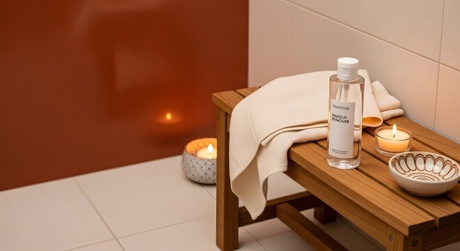 Relaxing Spa Scene with Makeup Remover, Candles and Towel