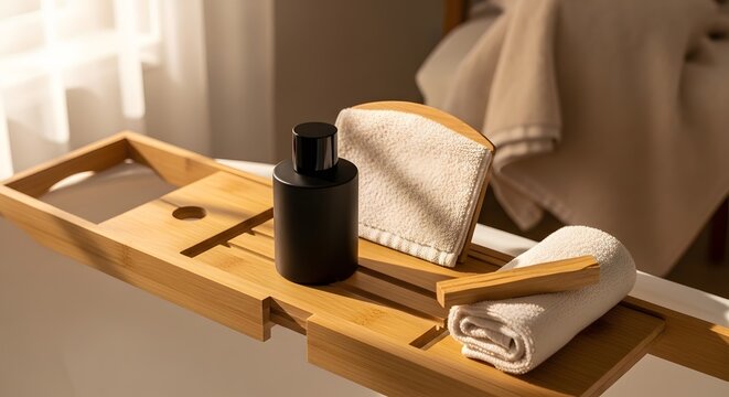 Spa Bathroom Accessories: Wooden Bath Tray, Black Bottle, and Towels