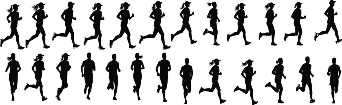 Side View Running Silhouettes Vector Pack, Male and Female Jogger Motion Sequence Collection Isolated