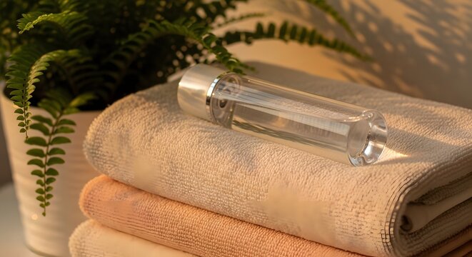 Spa Wellness Concept: Clear Bottle on Towels with Fern