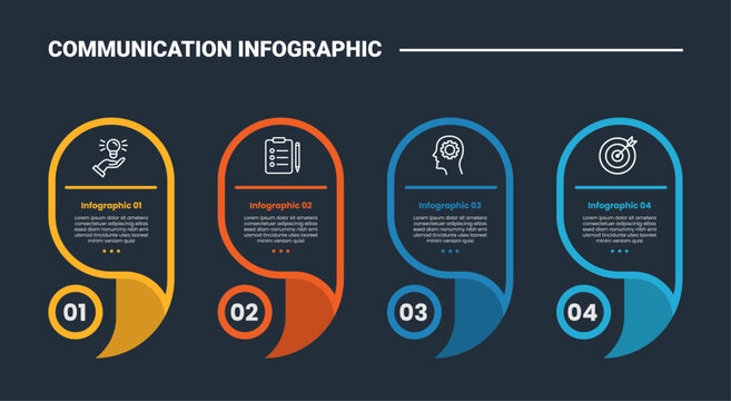 Communication concept infographic process diagram with creative quote sign symbol as big box container on horizontal lined up with dark background bright outline style 4 points