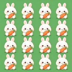 Obraz premium Cute White Rabbits Holding Carrots on Green Background
