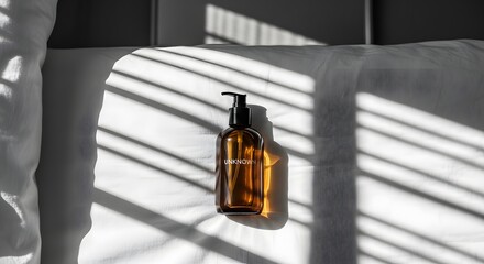 Amber Glass Bottle with Pump on White Bedding with Sunlight and Shadows
