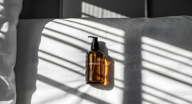 Amber Glass Bottle with Pump on White Bedding with Sunlight and Shadows