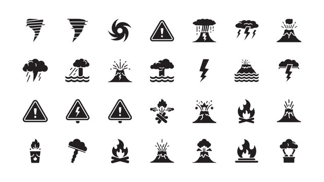 Weather warning icons, storm symbols, disaster signs, hazard markers, 25 black vector graphics