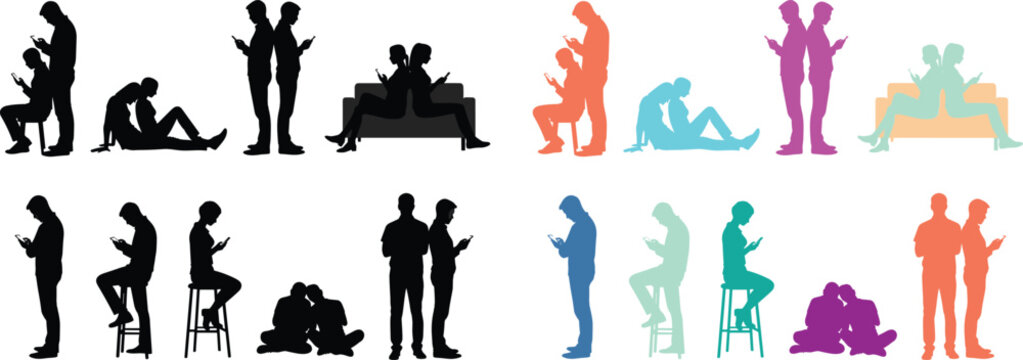 Vector set of people silhouettes using smartphones. Figures standing & sitting with mobile phones. Concept for social media addiction, digital communication and modern relationships