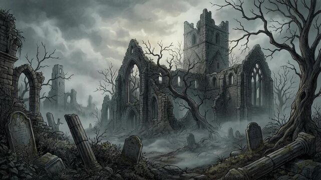 Dark ruined gothic cathedral at night with foggy landscape, dead trees, eerie environment, animation art, fantasy architecture, spooky viewpoint