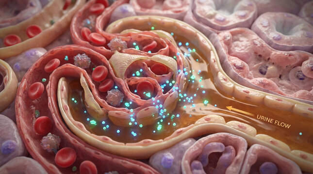 Human Kidney Cross Section Showing Damaged Glomerular Filtration Barrier with Protein Leakage &ndash; Medical Visualization