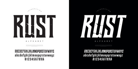Rust industrial display font with tall condensed slab serif style for bold vintage machinery branding © Kiki