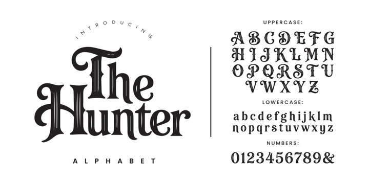 The Hunter victorian blackletter serif font with ornate flourishes for vintage label and brewery branding