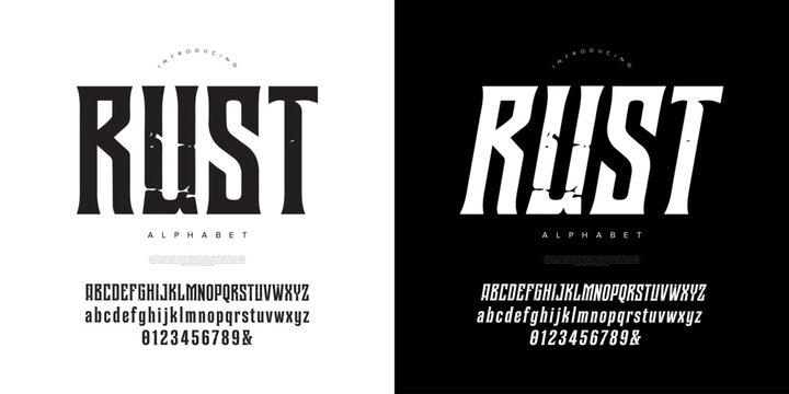 Rust industrial display font with tall condensed slab serif style for bold vintage machinery branding
