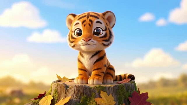 Cute tiger cub animation sitting on tree stump in forest clearing, nature environment, close-up viewpoint, adorable wildlife character design