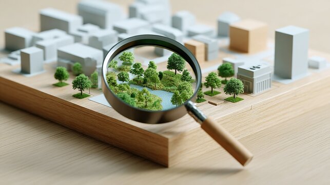 Magnifying glass focusing on a miniature park with trees and a river within a city architectural model