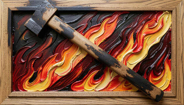 Close-up of single struck match with blooming flame on oil panel, match fills frame diagonally with raw sienna and burnt umber shaft