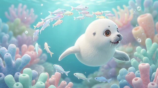 Swimming baby seal animation in vibrant coral reef underwater environment with playful fish, 3D animated sea life scene from close-up viewpoint