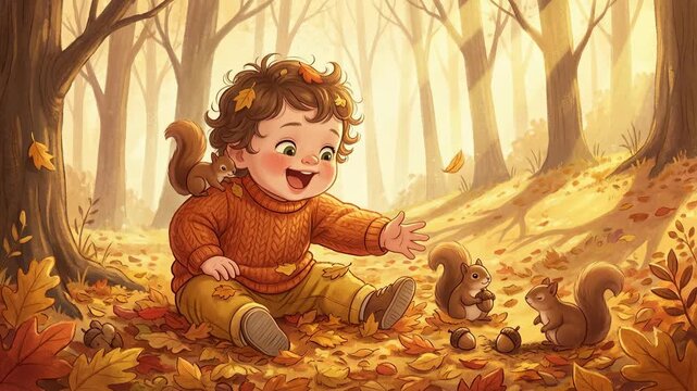 Child Playing with Squirrel in Autumn Forest Animation, Cute Toddler Interaction, Nature Setting, Warm Lighting, Close-Up View