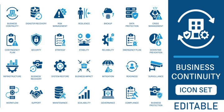 Business continuity icon set. featuring disaster recovery, risk management, data backup, security strategy, and corporate resilience in blue flat design.