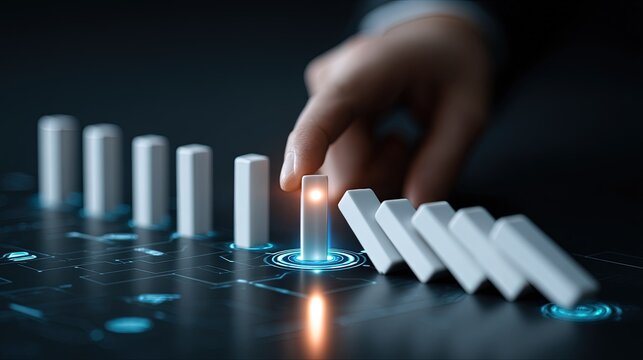 Business person hand stopping a domino effect by holding a standing block, preventing a chain reaction in a digital corporate environment