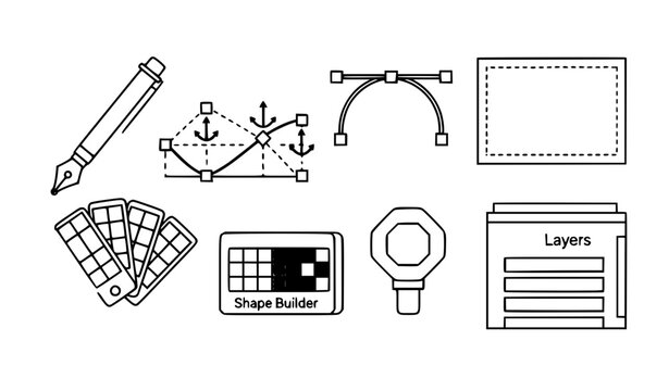 school icons set Vector Design Tool Line Icon Set with Pen Tool, Bezier Curves, and Graphic Editing Elements